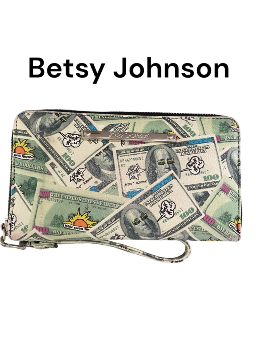 Betsy Johnson Money Print Zip Around Wallet Wristlet Novelty Dollar Bill Clutch